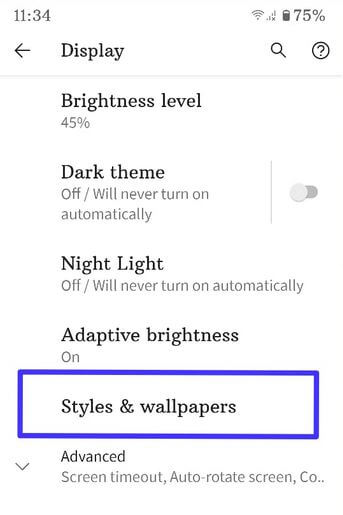 Styles and Wallpapers settings for Android 10 font style change