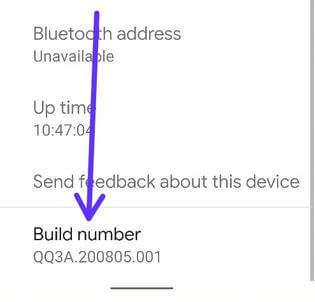 Touch Build number 7 times to activate developer mode Android 10