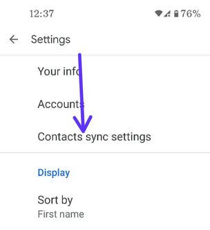 Contact sync settings in Pixel 4a