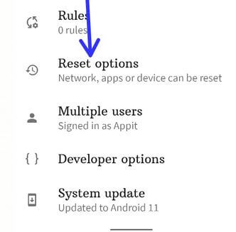 Reset options to network reset Android 11