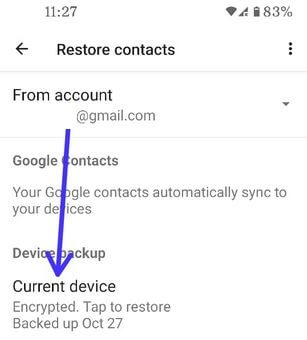 Select current device to backup your Pixel 4a contacts