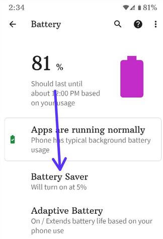 Turning on battery saver in your Android 11 Stock OS