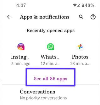 See all apps in Pixel 4a 5G to default set