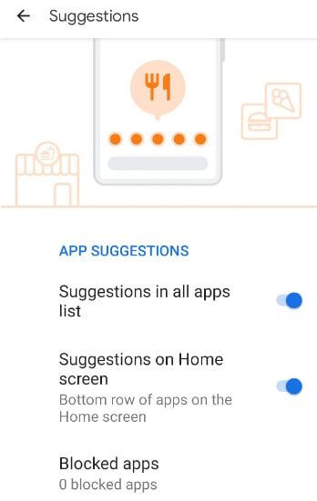 Suggestion apps in Home screen settings Pixel 4a