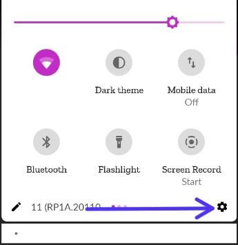 Settings gear icon in notification panel Pixel 4a 5G
